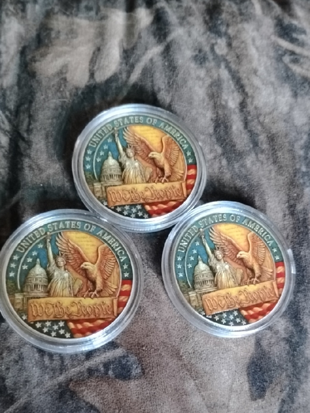 Patriotic Eagle & Statue 250th USA Anniversary Coin Trio - Tricolor  3D Finish